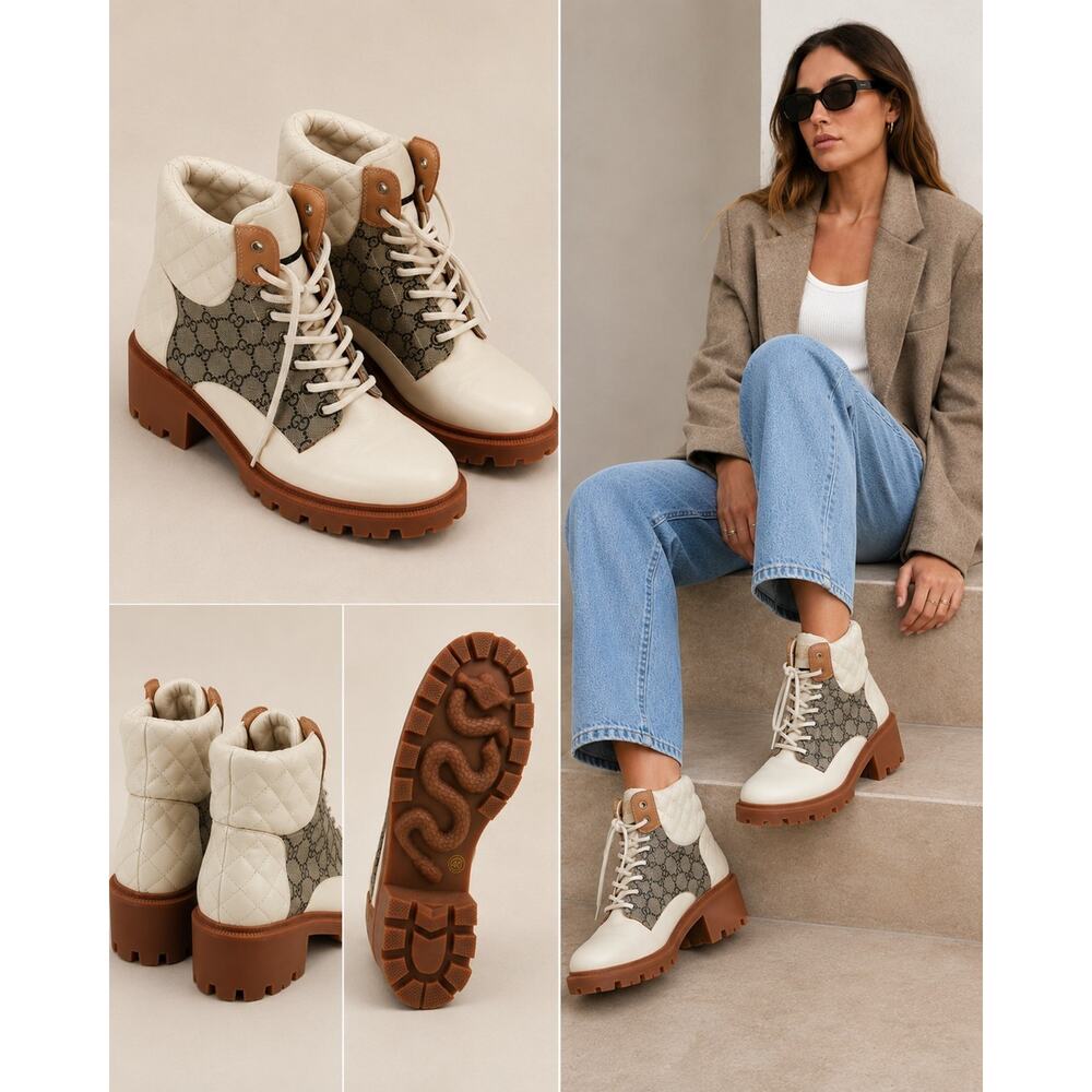 Designer Inspired Chunky Platform Lug Boots EU 40 Cream & Tan